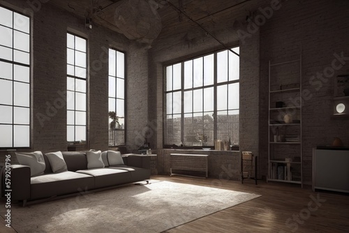 Living room loft in industrial style, interior design, 3d render