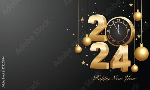 Happy new year 2024. 3d gold numbers with golden Christmas decoration and confetti on dark  background. Holiday greeting card design.