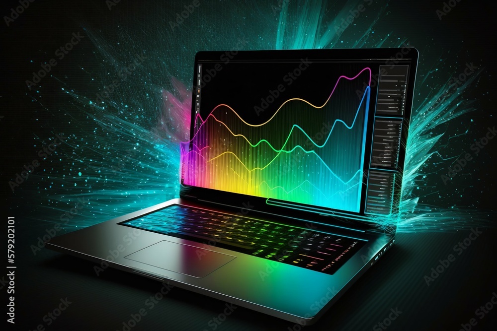 Laptop with business data diagrams and charts on display. Generative AI Laptop with business data diagrams and charts on display. Generative AI