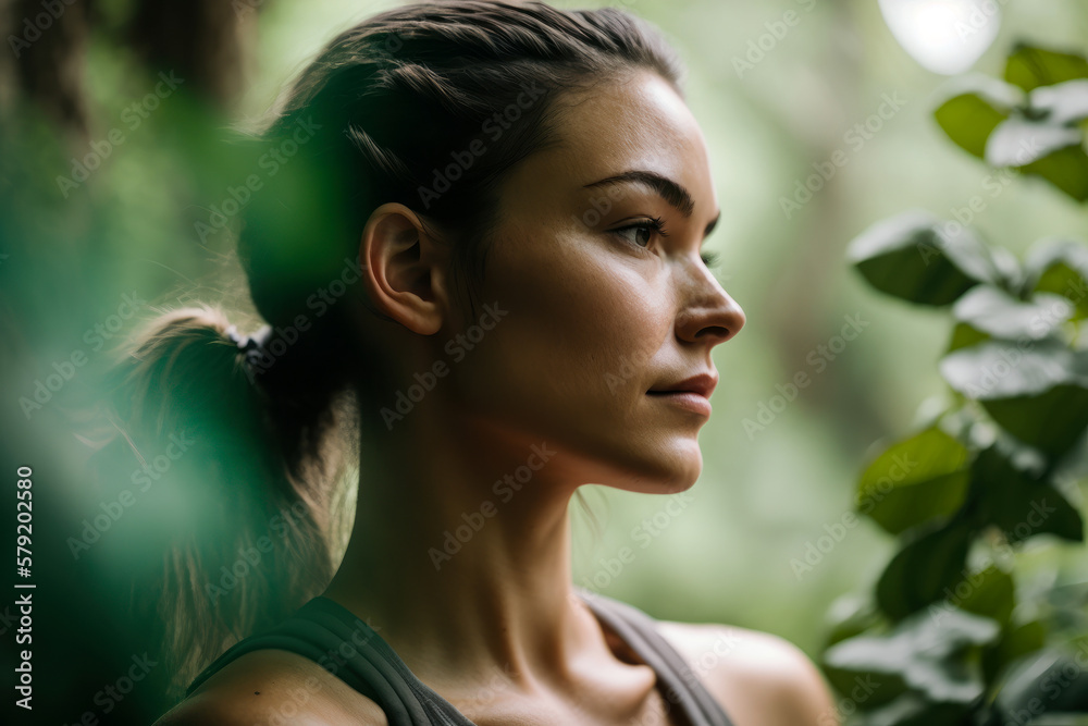 Portrait of a natural beauty Latin woman among the leaves of tropical trees. Spa and pleasure. Generative AI Portrait of a natural beauty Latin woman among the leaves of tropical trees. Spa and pleasure. Generative AI