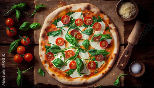 pizza caprese on the wooden plate