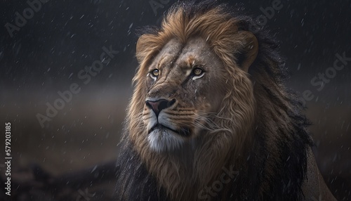 Lion king standing on rain. Wildlife animal. Generative AI technology.