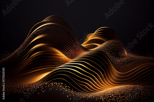 Gold Waves on Black Background.generative ai