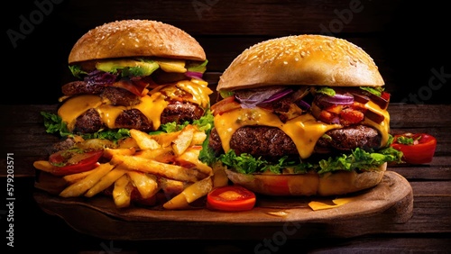 tasty hamburgers with fries