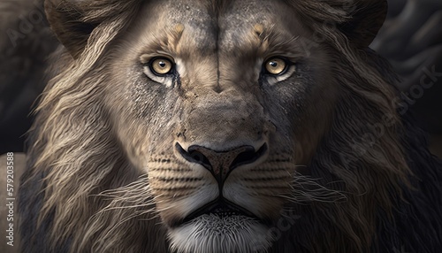 Lion king face close up. Wildlife animal. Generative AI technology.