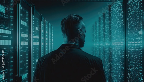 Data center and computer servers with information background. Generative Ai image illustration