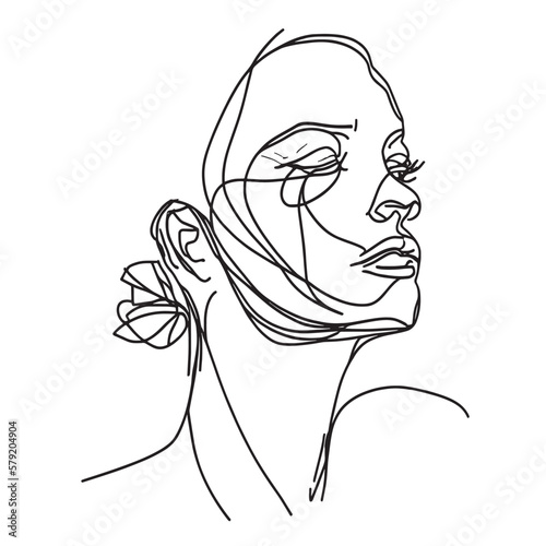 A minimalist depiction of a modern woman's portrait using a continuous line in an abstract style