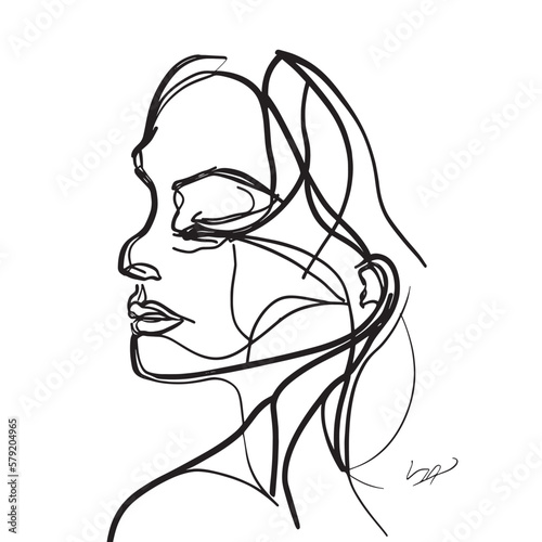 A minimalist depiction of a modern woman's portrait using a continuous line in an abstract style