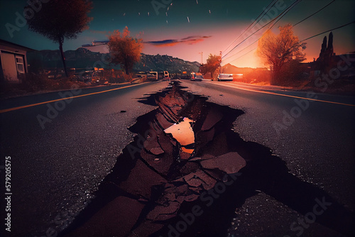 Cracked asphalt road in the city at sunset.generative ai