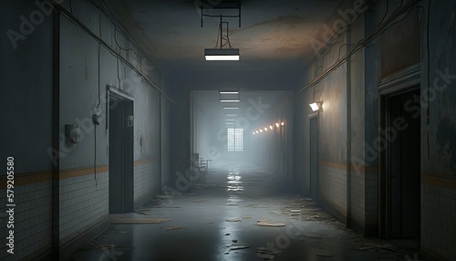 Abandoned empty factory industry corridor background. Generative AI technology. 