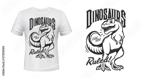 Tyrannosaurus rex, t-rex dinosaur mascot t-shirt print. Jurassic era reptile, extinct dinosaur animal apparel custom print vector mockup. Clothes mock-up or tshirt design template with Tyrannosaurus