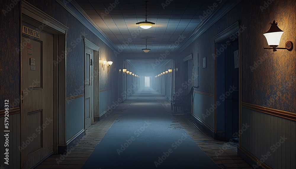 Abandoned creepy hallway of classic hotel corridor background. Generative AI technology.	