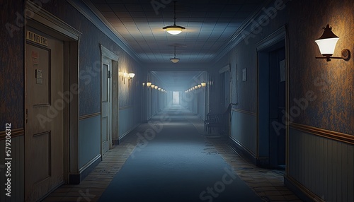 Fotografiet Abandoned creepy hallway of classic hotel corridor background