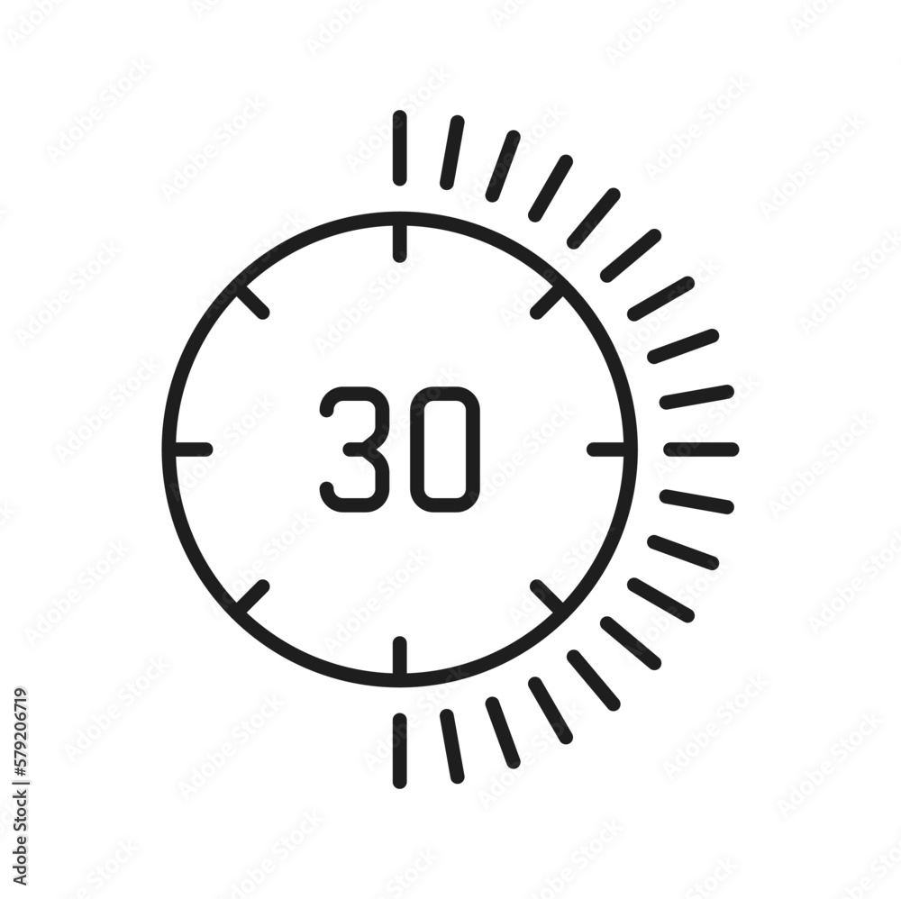 Speed tracker on 30 minutes, deadline outline icon. Vector half hour or minute, sport stopwatch timer. Thin line countdown sign, training chronometer Speed tracker on 30 minutes, deadline outline icon. Vector half hour or minute, sport stopwatch timer. Thin line countdown sign, training chronometer
