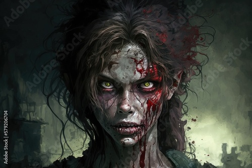 Close-up portrait of a horrible scary zombie woman. Horror. Halloween
