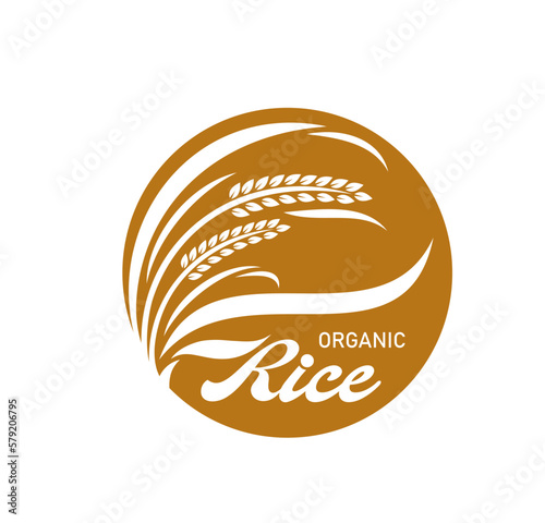 Rice icon, organic natural food and package sign, vector bio products symbol. Premium quality natural cereals sign of rice ear and stalk in circle silhouette for farm food store or rice packaging