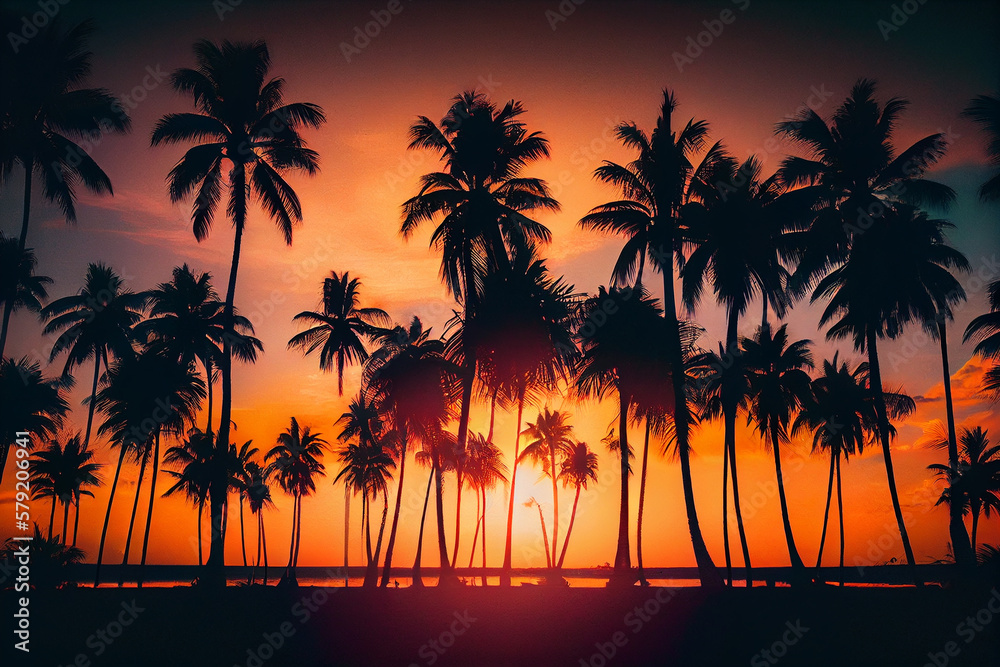 Silhouette of palm trees on the beach at sunset time.generative ai