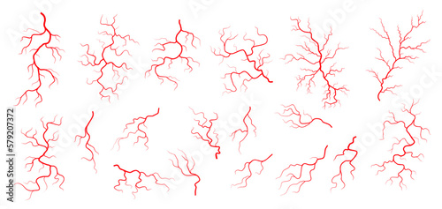 Red veins, anatomy, blood vein artery or capillary, vector medical icons. Human body blood veins, eye capillary or hemorrhage vessels and venous blood aortas of vascular and arterial circulation