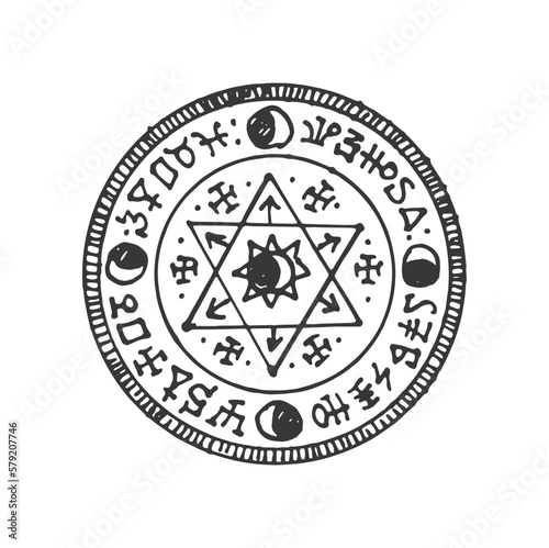 Esoteric amulet, mandala, magic talisman isolated circle magic pentagram sketch. Vector mystery mason or freemason amulet, esoteric emblem