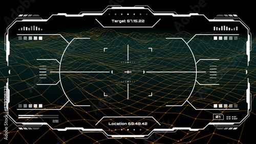Hud futuristic monitor screen interface. Target aim control. Future airplane pilot interface, target hologram screen or military viewfinder game UI vector frame with gun aim crosshair, surface mesh