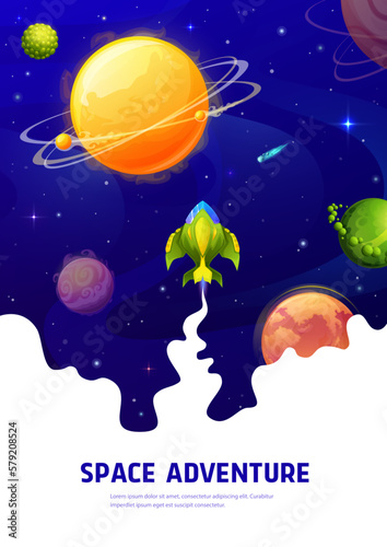 Space adventure poster, cartoon starship in galaxy, space planets and stars, vector background. Rocket shuttle or spaceship in spaceflight to galaxy universe stars and alien planets in fantasy cosmos