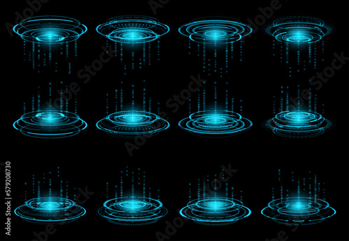 Hud futuristic circular virtual portals. Virtual laser podium hologram, glowing neon blue portal or game UI element, vector round teleportation rings. Sci-Fi warp or digital data transfer concept