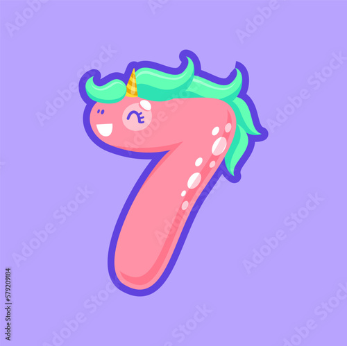 7 digit ABC font element isolated seven unicorn number, magic animal font. Vector cartoon numeral, calendar, calculator element. 7th party unicorn