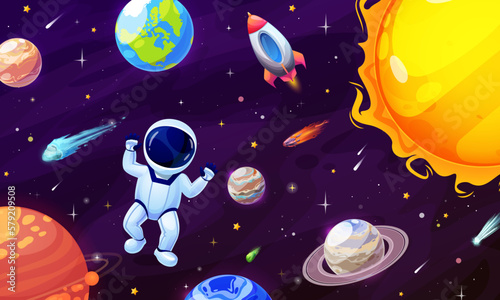 Cartoon astronaut character in space. Space planets and stars. Galaxy exploration, planets research vector wallpaper, solar system planets background with astronaut character flying in weightiness