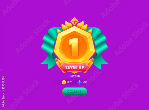 Level up award, isolated cartoon vector pop up badge for winner achievement celebration. Online game or casino ui app element. Successful level complete prize, golden hexagon plate with blue ribbon