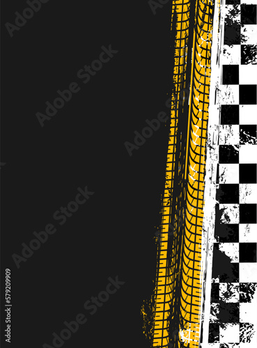 Grunge race sport flag background with car tires track, vector checker pattern. Race sport flag with wheel tires print on road, rubber tyre tread marks of car rally and motocross races photo