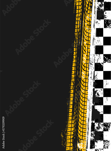 Grunge race sport flag background with car tires track, vector checker pattern. Race sport flag with wheel tires print on road, rubber tyre tread marks of car rally and motocross races