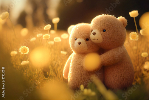 Couple teddy bears hugging in yellow flowers garden, Valentine's day concept. Generative AI