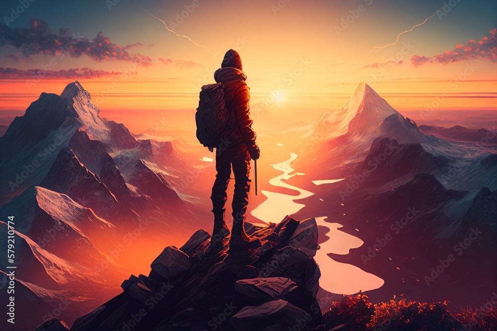 Obraz premium man standing on top of a mountain,generative AI