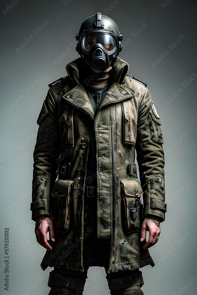 Man,post-apocalyptic, art station, Scavenger, Military Coat, gasmask . Ai generative