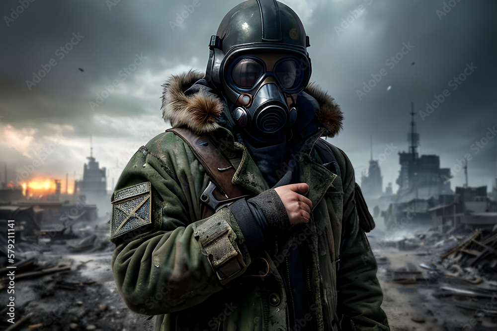 Man,post-apocalyptic, art station, Scavenger, Military Coat, gasmask . Ai generative Man,post-apocalyptic, art station, Scavenger, Military Coat, gasmask . Ai generative