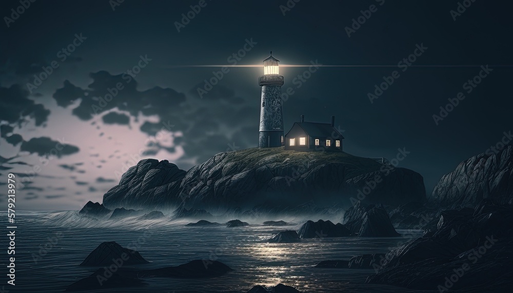coastal scene at night digital art illustration, Generative AI