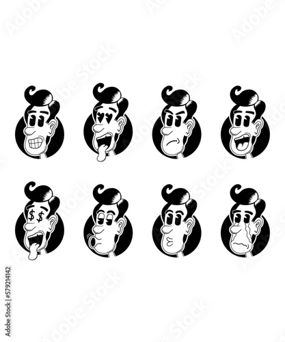 Vintage characters faces vector elements, eight black-and-white cartoon faces of a man with different expressions, including happy, love, surprised, angry, greedy, thoughtful, indifferent, and sad