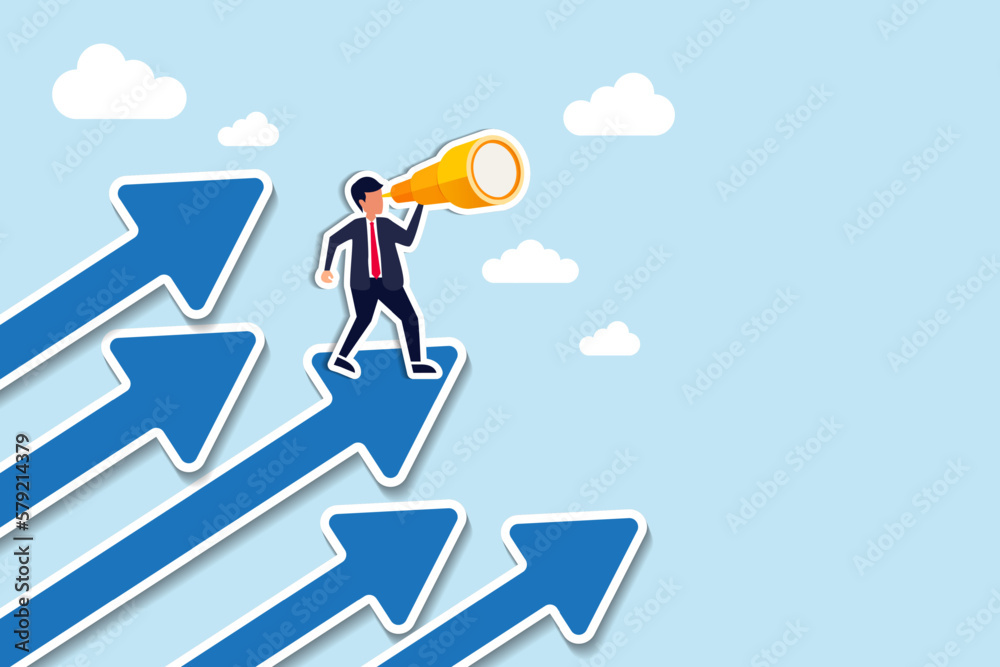 Obraz premium Company success moving forward to progress for improvement concept, confidence businessman standing on growing arrows pointing up looking to the future with the telescope in the sky next target.