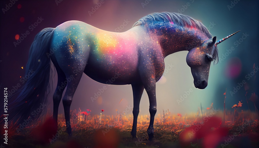A colorful unicorn and rainbow bokeh, Generative AI, illustration