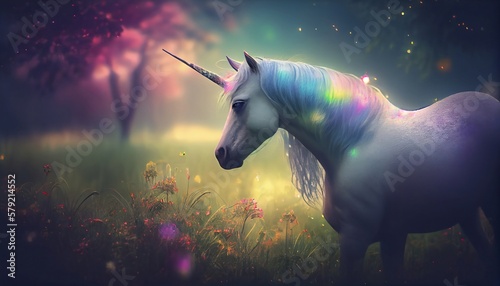 A colorful unicorn and rainbow bokeh, Generative AI, illustration © icehawk33