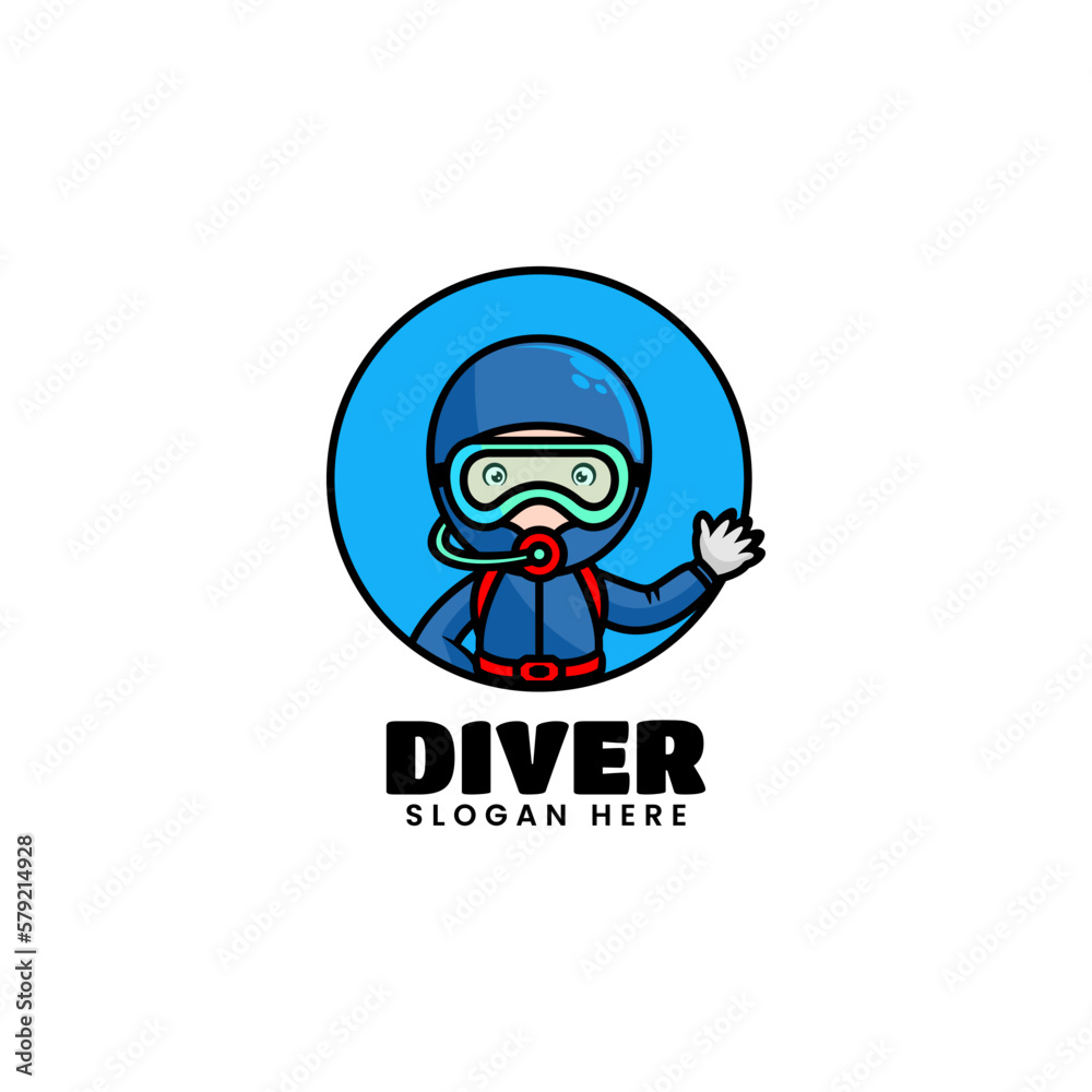 Vector Logo Illustration Diver Mascot Cartoon Style.