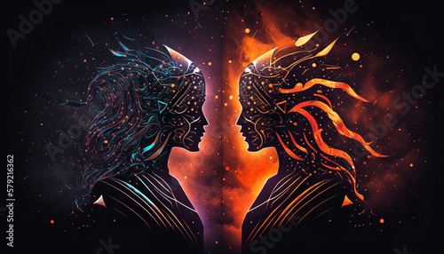 Zodiac Signs: Gemini in Fiery Colors and Dynamic Lines on Starry Sky, Conveying Courage and Passion in Modern and Edgy Style - Generative AI photo