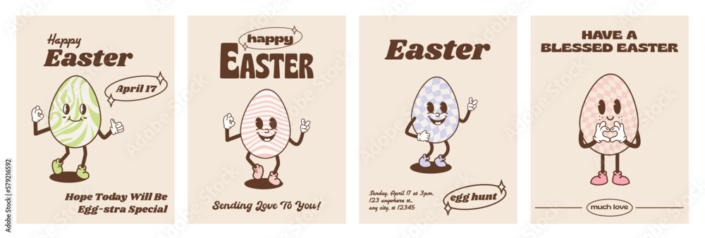 Fototapeta premium Vector set of posters with easter cartoon eggs. Easter egg collection in groovy hippie style. Design templates for flyers, party invitations, cards, prints or social media. Trendy retro 60s, 70s, 80s.