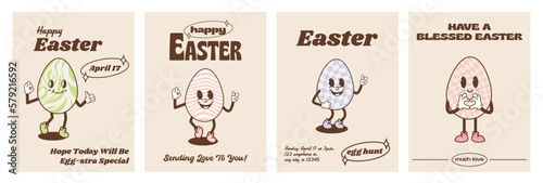 Vector set of posters with easter cartoon eggs. Easter egg collection in groovy hippie style. Design templates for flyers, party invitations, cards, prints or social media. Trendy retro 60s, 70s, 80s.
