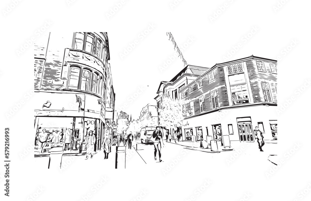 Building view with landmark of Preston is the
city in England. Hand drawn sketch illustration in vector.