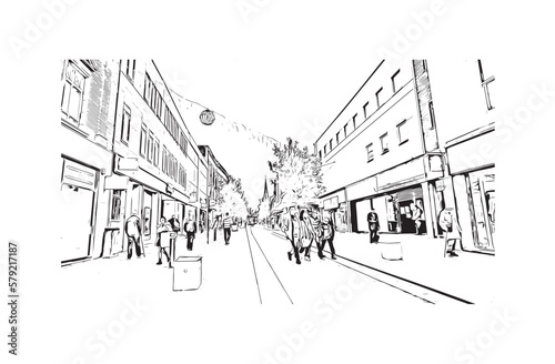 Building view with landmark of Preston is the  city in England. Hand drawn sketch illustration in vector.