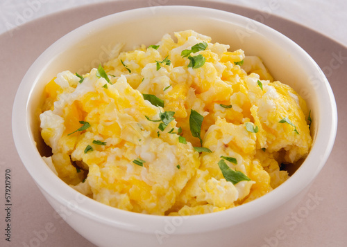 Scrambled Eggs with Seasonings in Bowl