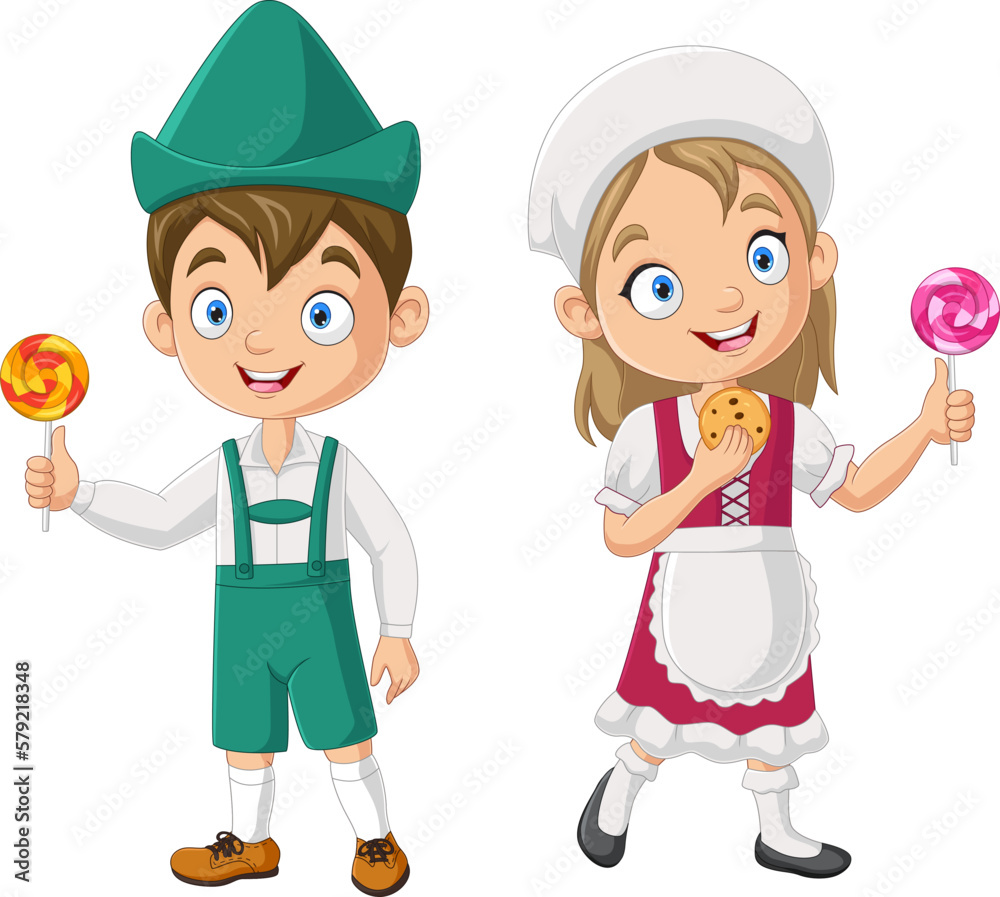 Cartoon happy hansel and gretel holding lollipops Cartoon happy hansel and gretel holding lollipops