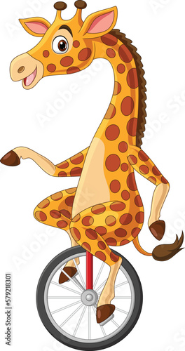 Cartoon giraffe riding one wheel bike