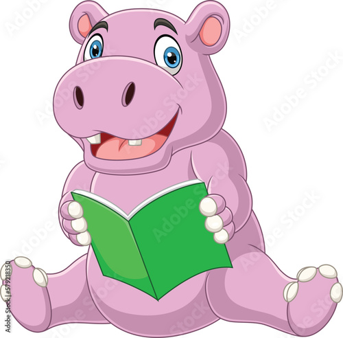 Cartoon hippo reading a book